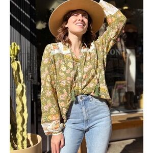 Elan Olive Green Floral Cottagecore Button Front Cotton Peasant Top size Medium